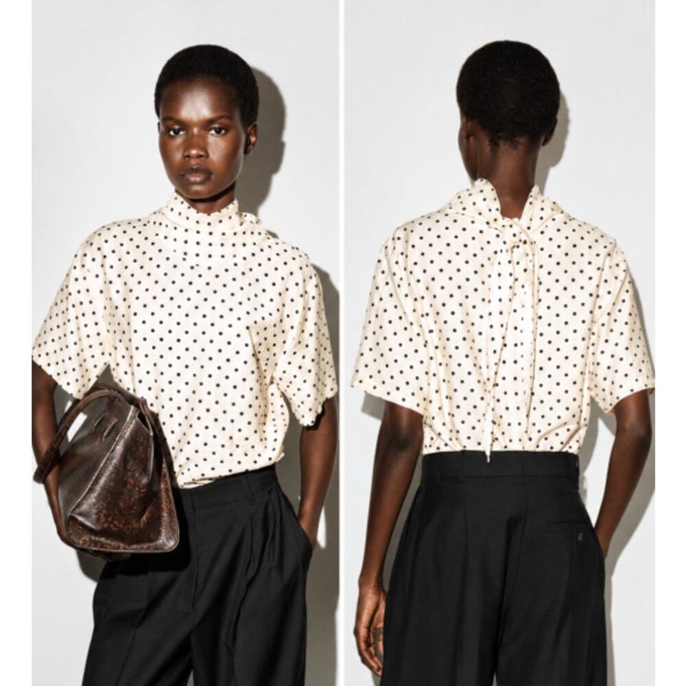 COS Draped Scarf Detail Top Polka Dot Linen Blend Draped Short Sleeve Blouse - Picture 3 of 13